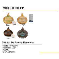 BM-041 Difusor de Aroma Essencial 400ml com Controle Remoto LED 7 Cores Bivolt 110V/220V