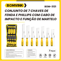 Jogo de Chaves de Fenda e Phillips Impacto BOMVINK BOM-3121 com 7 Peças Jogo de Chaves de Fenda e Phillips Impacto BOMVINK BOM-3121 com 7 Peças