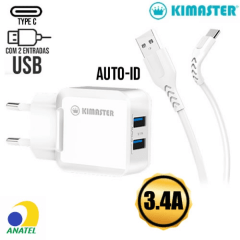 Kit Carregador 2 USB com Cabo Type-C 3.4A Auto-ID Kimaster - KT609X Branco Marca: Kimaster