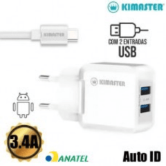 Kit Carregador Universal de Tomada 2 USB + Cabo Micro USB 3.4A Auto-ID Kimaster - KT608X Branco