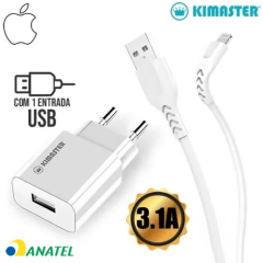 T502UL Kit Carregador Universal de Tomada 1 USB + Cabo Lightning 3.1A Kimaster - KT602X Branco