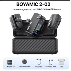 Microfone BOYA BOYAMIC 2-02 Sem Fio 2TX+1RX com Case USB-C / 3.5mm TRS