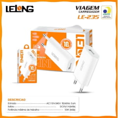 Carregador de Viagem 10W Lelong LE-235 USB Bivolt Rápido