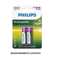 2 Pilhas Recarregáveis Philips Aa 2500mAh