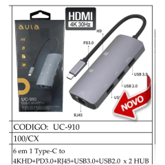 Adaptador Aula UC-910 6 em 1 Type-C to 4KHD+PD3.0+RJ45+USB3.0+USB2.0 x 2 HUB