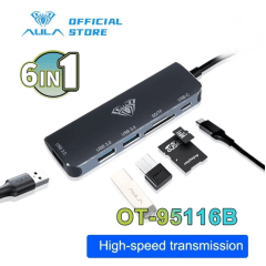 Hub Aula OT-95116B 6 in 1 USB C to USB 3.0 x 3 and PD Port - SD Card Slot - Micro SD card Slot