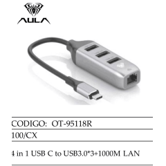 Hub Aula OT-95118R 4 in 1 USB C to USB3.0*3+1000M LAN