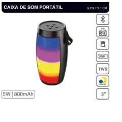 Caixa de Som Bluetooth 8W com Iluminação Led 9.3 x 9.1 x 18.1 cm GRASEP - D-Y08