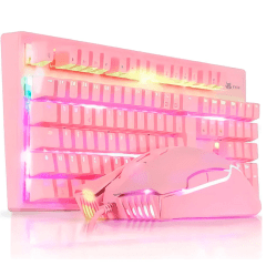 Teclado Mecânico e Mouse Gamer Rosa com Led Chroma KNUP - KP-TE111