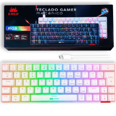 Teclado Mecânico Gamer 60% KNUP KP-TE100 Branco RGB Switch Blue