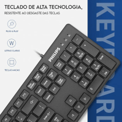 Teclado Philips K302/SPK6302B com Fio USB – Ergonômico Preto Chocolate