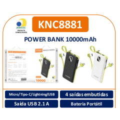 Carregador PowerBank Portátil e Rápido 10.000 mAh - Kaidi - KNC8881